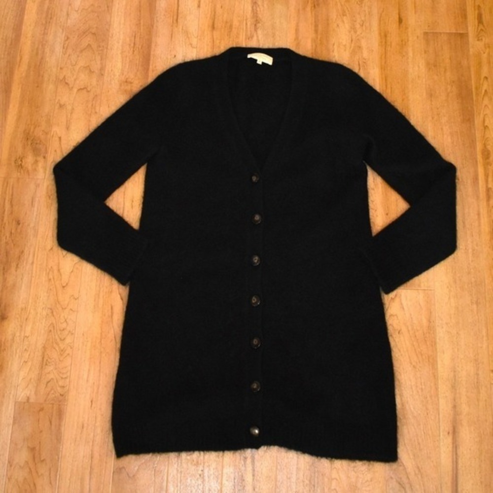 Sezane Black Mohair Long Cardigan Womens Medium V-Neck Fuzzy Knit Wool Blend - Picture 2 of 5